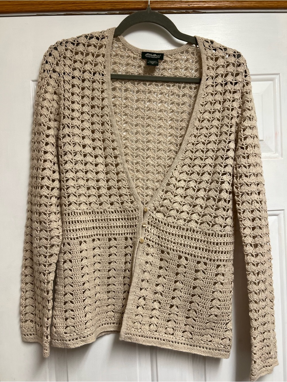 Eddie Bauer Open Crochet Cream Button-Front Cardigan